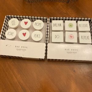 RaeDunn drawer knobs, 2 sets of 6, new, unopened in box, whimsical.